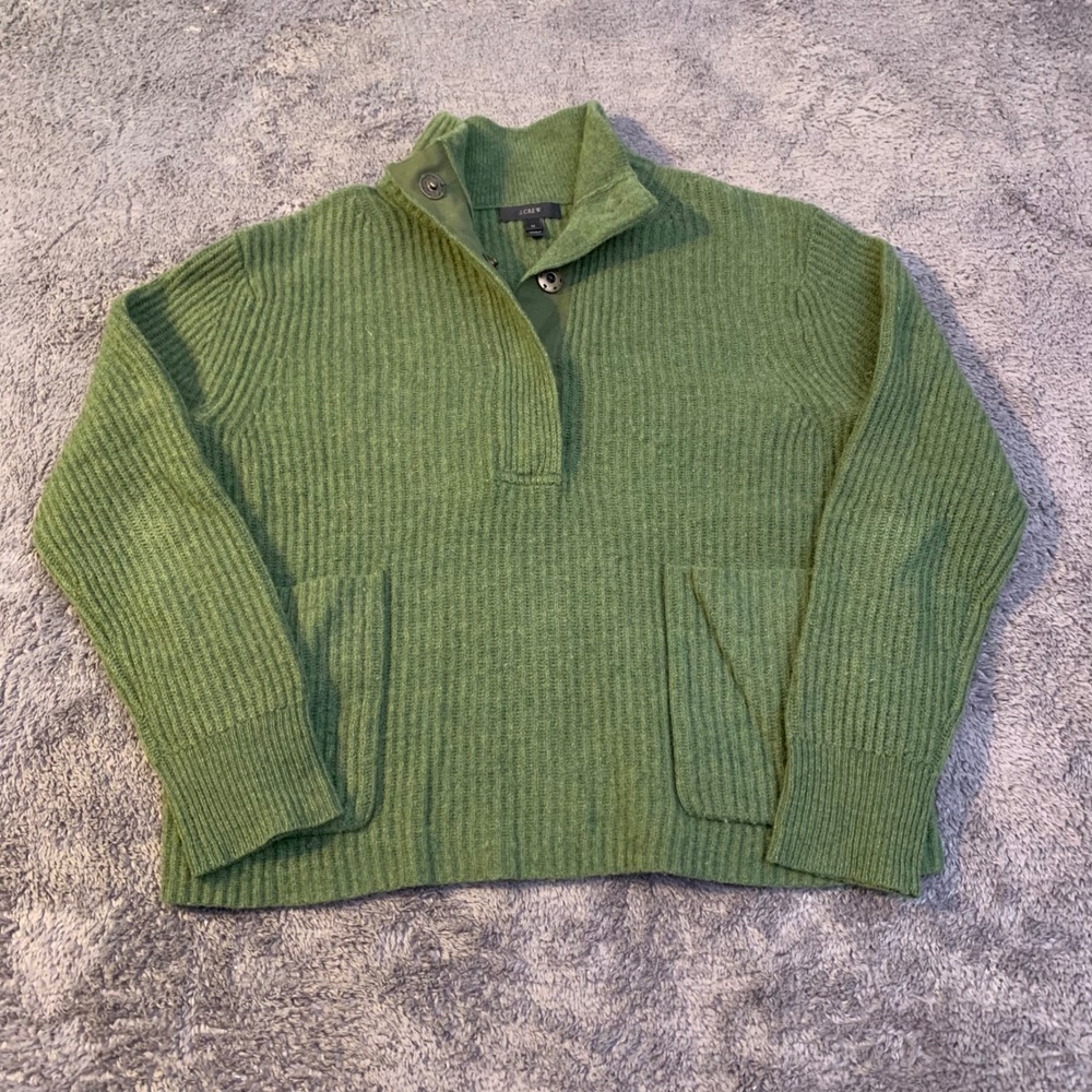 J. Crew Green Ribbed Snap Neck Pullover Quarter Sweater Womens Medium
